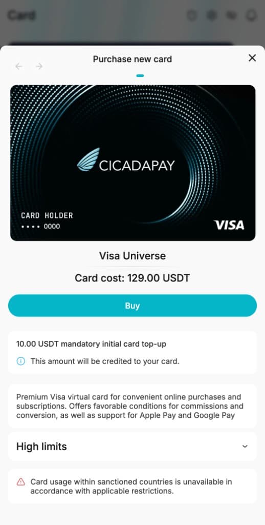 Prepaid card in the CicadaPay app